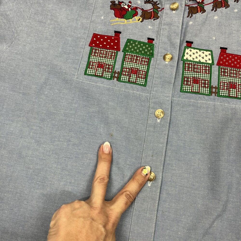 Vintage Jennifer Blair Shirt Womens 10 Blue Chambray Santa Christmas Houses 90s - Picture 5 of 9